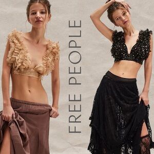 Free people Sosha Party Top Crop Sparkle Glitter Gold Tan Tulle Ruffle Bralette